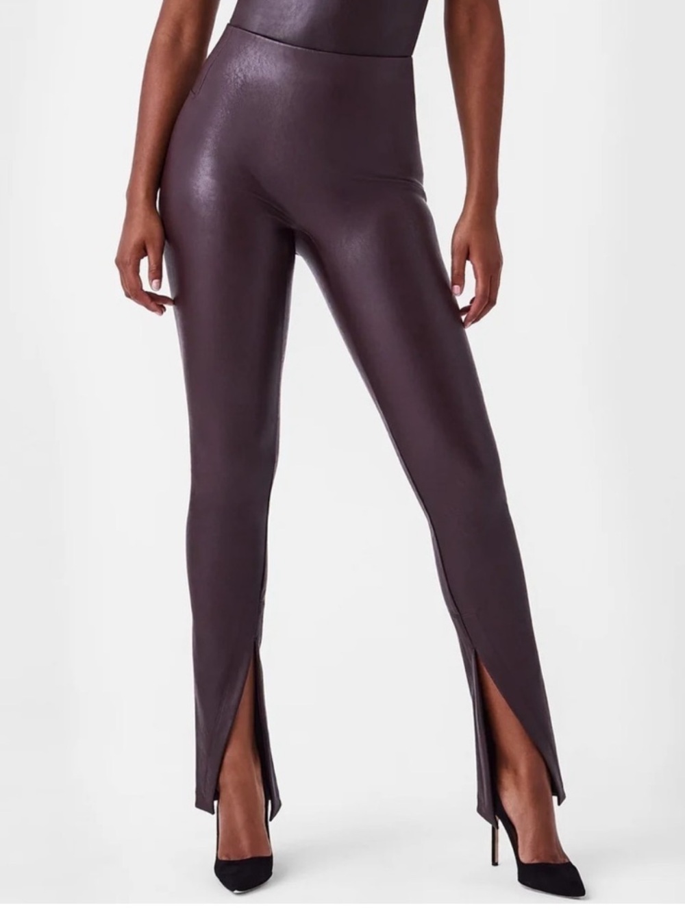Spanx Leather-Like High-Waist Front-Slit Pants - cherry chocolate size S